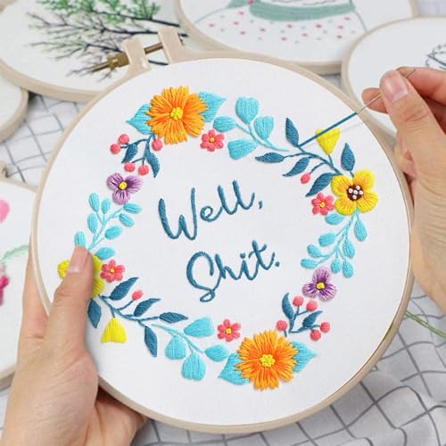 Louise Maelys Embroidery Kit for Beginners Floral Quote Wreath Craft - color: Pattern 19