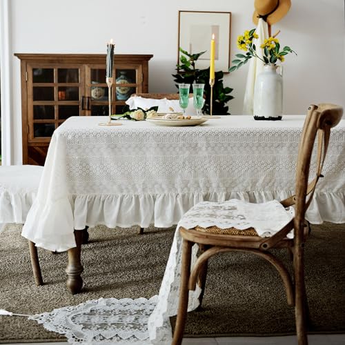ARTMAGIC White Ruffled Lace Cotton Rectangular Tablecloth, 60"x84" - size: 84" x 60" (Rectangular)