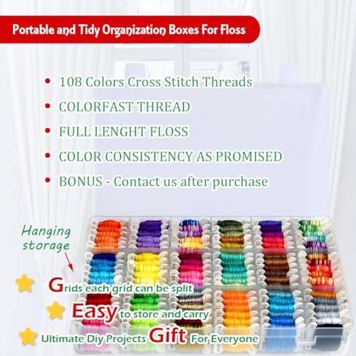 Embroidery Floss & Bracelet String Thread with Organizer Storage Box 108 Colors Cross Stitch Threads Set