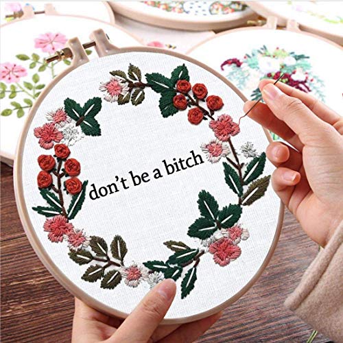 Louise Maelys Cross Stitch Kit Full Range DIY Floral Wreath with Funny Sayimg Embroidery Kit for Beginner - color: Floral-1