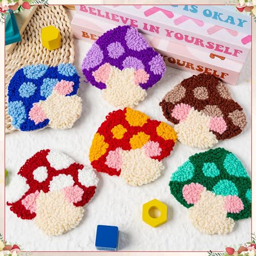 WATINC Punch Needle Coaster Kit - 22Pcs DIY Craft for Beginners, Mushroom