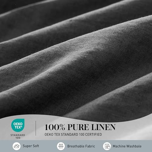 Simple&Opulence 100% French Linen Sheet Set Twin Size-Pure Natural Flax Bed Sheet-3 Pcs Breathable Ultra Soft Farmhouse Bedding (1 Flat Sheet,1 Fitted Sheet,1 Pillowcase)-Embroidery Dark Grey - color: Dark Grey, size: Twin