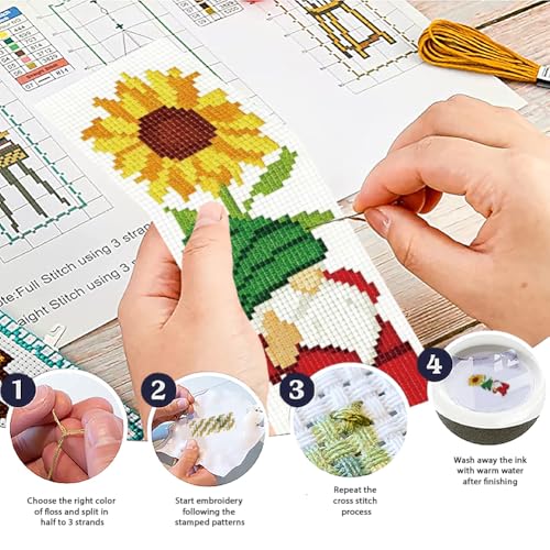 ACRNIGHEET 6PCS Cross Stitch Bookmark Kit for Beginner Gnome Stamped Cross Stitch Kits Needlepoint Kit for Adults DIY Tassel Embroidery Bookmark Kits with Instructions Craft Gift 8.5"x3" 11CT - style: Sunflowr Gnome with Tassel