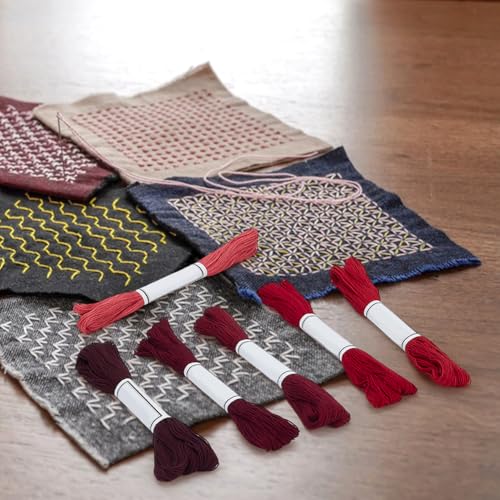 FREEBLOSS 300 Yards Sashiko Thread 6 Skeins 100% Cotton Cord Wine Red Japanese Embroidery Sashiko Threads for Hand Sewing Thick Sashiko Thread for Japanese Embroidery Supplies Embroidery Floss - color: Red