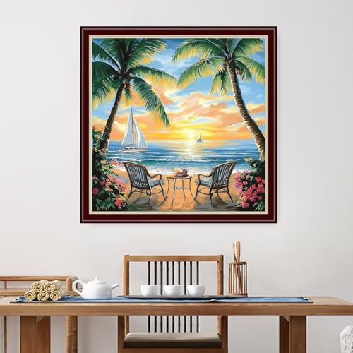 Dimensean Stamped Cross Stitch Kits Full Range of Embroidery Patterns Starter Kits for Beginners Adult DIY Cross Stitches Needlepoint Kits 11CT-Afternoon Tea by the Sea 18x18 inch - color: Arts kits 23