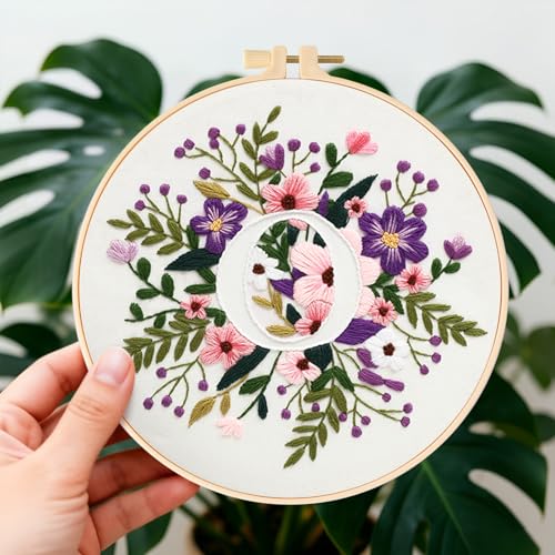 Zerzsy 7.87 '' Embroidery Kits Plant Flower Leaf English Letter Patterns for Beginners Adults, Easy to Learn Cross Stitch Kit for Home Office Decor - color: Letter O