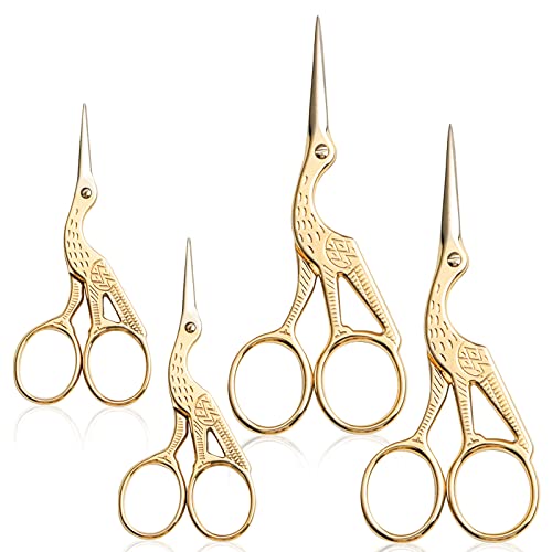 Asdirne Gold Embroidery Scissors, 4 Pcs, 3.6"*2+4.5"*2, Stainless Steel, Sharp Tip, Compact, Ambidextrous - color: Gold