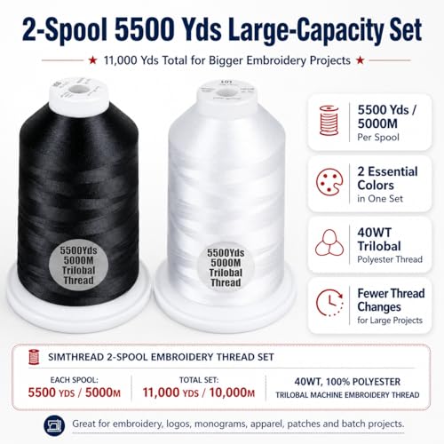 Simthread 2Pk 5500Y 40WT Polyester Embroidery Thread Black900 White001 - color: Classic Duo(Black+White)