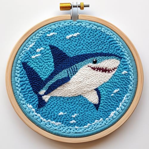 DIY Punch Needle Kits Sea Shark with Hoop 20x20cm-1 - color: 20-Shark