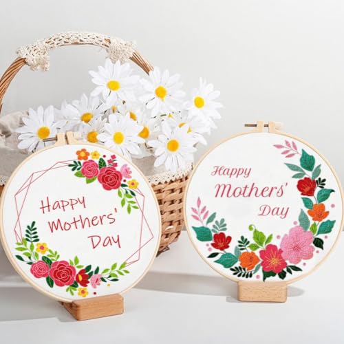 ORIGACH 4 Pack Embroidery Kits for Mother's Day Gift, DIY Floral Embroidery Kit with Garland Patterns and Instructions for Adult - color: Floral