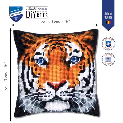 Vervaco Cross Stitch Embroidery Kits Pillow Front for Self-Embroidery with Embroidery Pattern on 100% Cotton and Embroidery Thread, 15,75 x 15,75 Inches - 40 x 40 cm, Tiger - color: multicolor