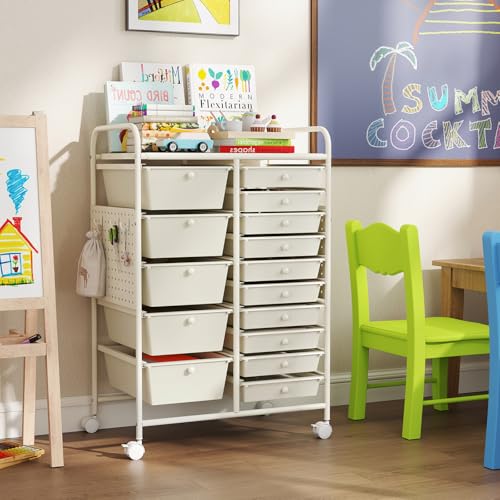 Giantex 15 Drawer Storage Cart, Rolling Craft Cart with Metal Tabletop & Pegboard, Mobile Utility Organizer Trolley with Locking Wheels, Home Office, Classroom, Teacher Supplies, Ivory - color: Ivory, size: 15 Drawer-25"x14.5"x34.5"