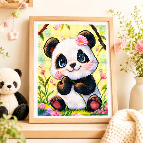 Zhenqing Panda Stamped Cross Stitch Kit for Beginners, 11CT Printed Full Coverage Cute Panda with Pink Flowers Pattern, 38 x 48 cm DIY Animal Embroidery Needlework Set, No Hoop Needed - color: Panda