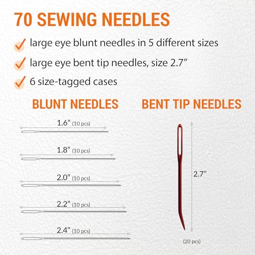 50 Large Eye Blunt Tapestry Needles and 20 Bent-Tip Tapestry Needles - Total 70 Easy to Thread Needles, Ideal for Sewing, Crafting, Darning, Embroidery, Knitting and DIY