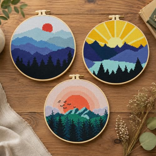 3 Pack Landscape Stamped Cross Stitch Kits for Beginners,with Hoop 8x8in - color: Landscape