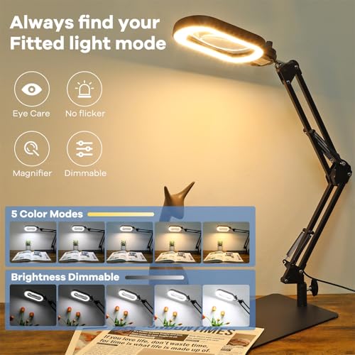 15X Rectangle Magnifying Glass with Light and Stand, Real Glass Lighted Magnifier Hands Free, Mechanical Knob 5 Color Modes Stepless Dimmable, 2-in-1 LED Desk Lamp with Clamp for Close Work, Reading