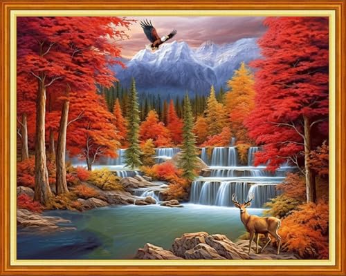 Foxhool Stamped Cross Stitch Kits,11CT Printed Cross Stitch Pattern Full Embroidery Kits for Beginner Needlepoint Kits-Golden Autumn Waterfall 16x20 inch - color: Craftpatterns14