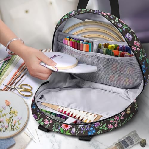 FINPAC Embroidery Project Bag, Embroidery Kits Storage Carrying Tote Bag - color: Black Floral