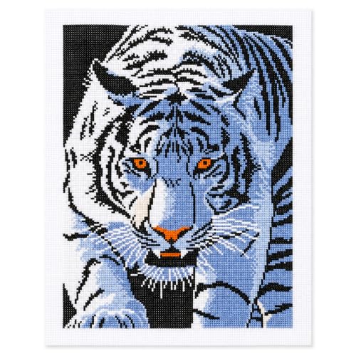 Zhenqing White Tiger Stamped Cross Stitch Kit for Beginners, 11CT Printed Full Coverage Tiger Portrait Pattern, 38 x 48 cm DIY Wildlife Animal Embroidery Needlework Set, No Hoop Needed - color: White Tiger Gaze