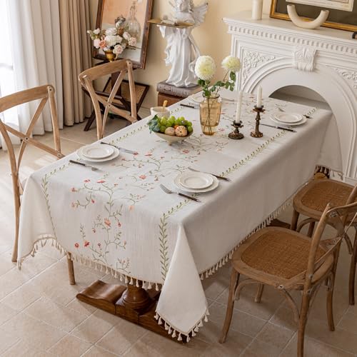 Joyfol Day Linen Spring Flowers Tablecloth with Tassels, Rustic Farmhouse Embroidery Waterproof Table Cloths for Rectangle Tables, Heavy Weight Spill-Proof Table Covers, Pink Florals, 55''x 102'' - color: Pink Florals, size: 102" x 55" (Rectangular)