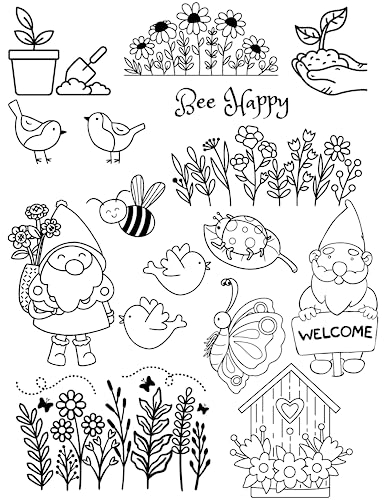 Garden Flowers Gnome Ready-to-Use Fun Modern Embroidery Design Transfers on Stick and Stitch Water Soluble Sewing Stabilizer Paper for Hand Embroidery Kit Thread Art Projects - color: Garden