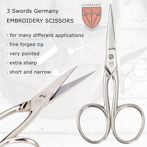 3 Swords Germany - Embroidery Scissors, Shears for Art Work, Daily Use in Household, Sewing, crocheting, Art Work, Craft, needle work with black Synthetic Leather case
