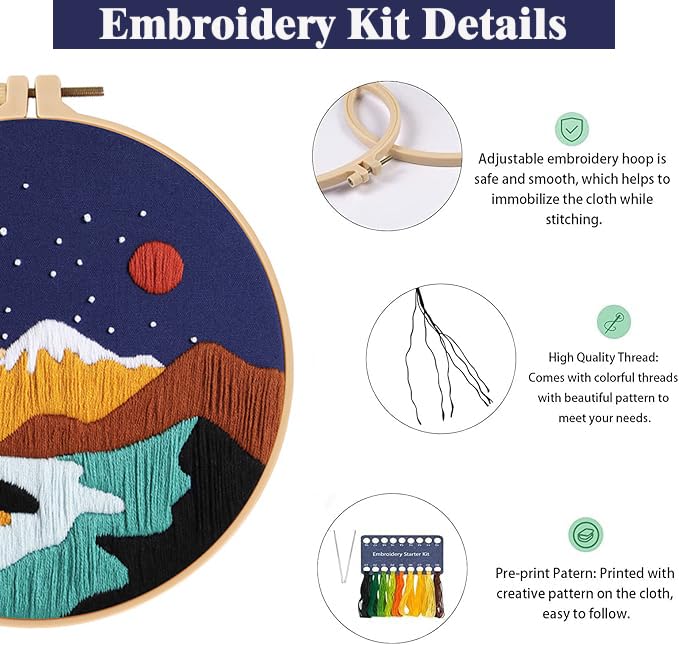 GLTAYLMY 3 Set Landscape Embroidery Kits for Beginners with Mountain Sun Moon Pattern,Adults Starter Cross Stitch Kit DIY Needlepoint Kits - color: Landscaping2