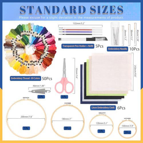 Glarks 78pcs Linen Fabric Embroidery Set Includes 50pcs Stitch Embroidery Thread 6pcs Embroidery Linen Cloth 6pcs Bamboo Circle Cross Stitch Hoop 10pcs Sewing Needles and 6pcs Tailoring Tools