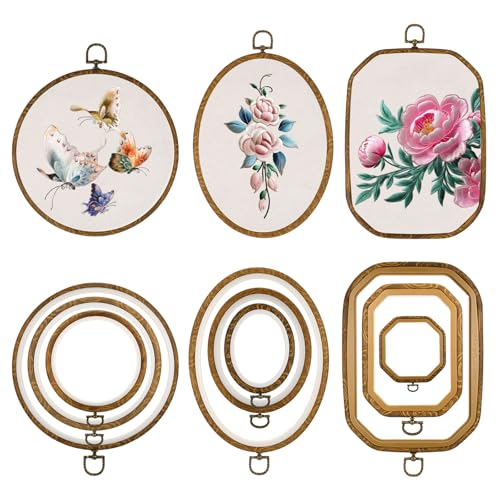 HANLANXUE 9 Pcs Large Embroidery Hoop Frame Set, 4 Shape Round, Oval, Rectangle and Octagonal Decorative Imitated Wood Display Frame for DIY Sewing Craft Hanging Ornaments
