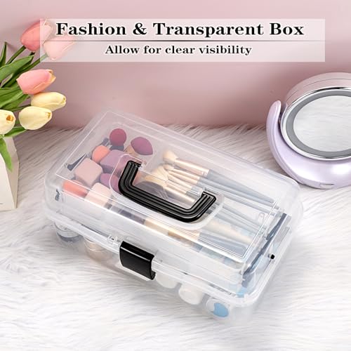 BTSKY 3-Layer Clear Plastic Dividing Storage Box Craft Organizer and Storage with Adjustable Spacers Portable Handled Art Supply Organizer Multipurpose Home Utility Box Sewing Organizers(Clear+Black) - color: Clear+Black