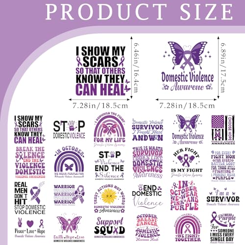 Dazoratix Domestic Violence Iron on Transfers - 24 Sheets Purple Ribbon DTF Ready to Press Heat Patches Bulk Abuse Awareness Vinyl Designs Stickers Decals for T Shirts Clothes Bag DIY Crafts Appliques - style: Domestic Violence Awareness