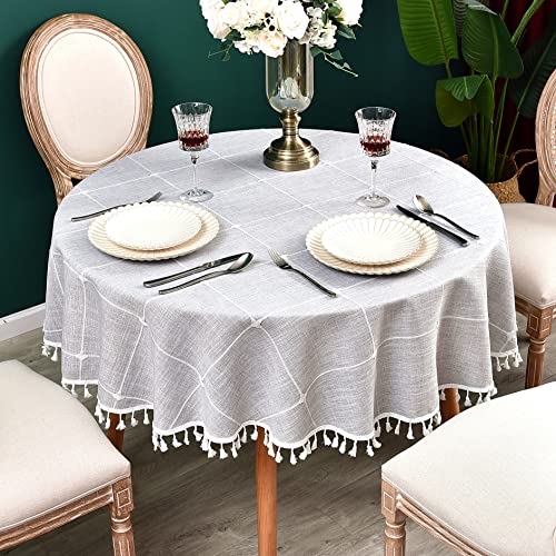 Cotton Linen Round Tablecloth Plaid Heavy Weight Table Cloth Gray for Round Tables Checkered Tassel Table Covers for Kitchen Dining Room Tabletop Decoration, Diameter 70 inch - color: Grey, size: 70" (Round)