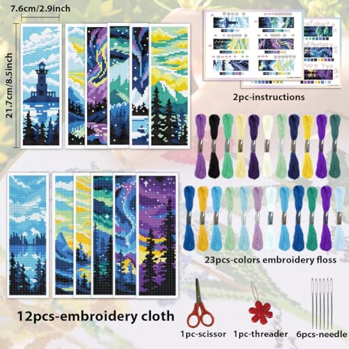 ACRNIGHEET 12PCS Cross Stitch Bookmark Kit for Adult Beginners, Landscape Pattern Stamped Embroidery Bookmark, Needlework Kit with Instructions, Size 8.5''x3'' - style: Landscape Patterns
