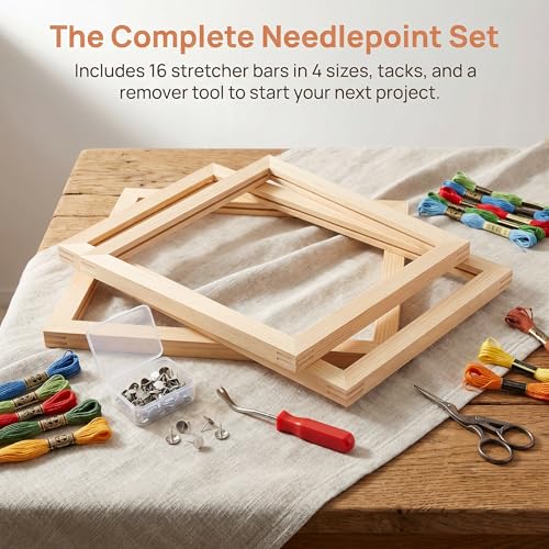 Needlepoint Stretcher Bars Wooden Adjustable Frame Set for Embroidery and Cross Stitch Canvas Stretcher Frame with Multiple Sizes Thumb Tacks and Remover Tool Needlepoint Canvas Holder