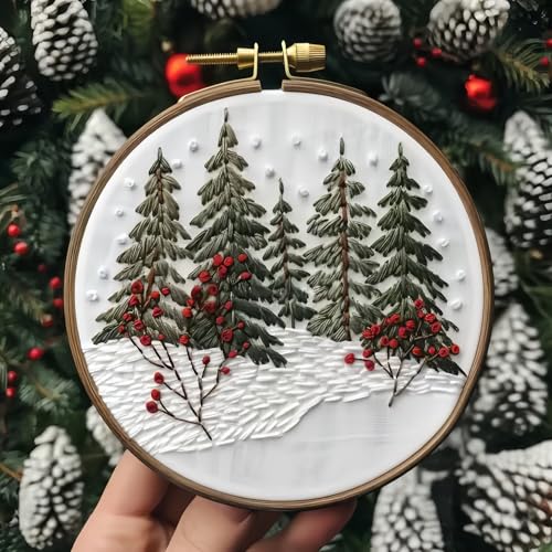 Christmas Embroidery Kit DIY Hand Embroidery Starter Cross Stitch Kits, Christmas Ornaments Embroidery with Stamped Pattern,Cotton,Threads,Needles,Instructions for Adults Beginners (Winter) - color: Winter