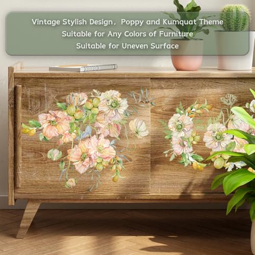 Floral Rub on Transfer for Furniture Vintage Large Flower UV DTF Transfer Sticker for Wood Glass Home Decor, Poppy and Kumquat - style: Poppy and Kumquat