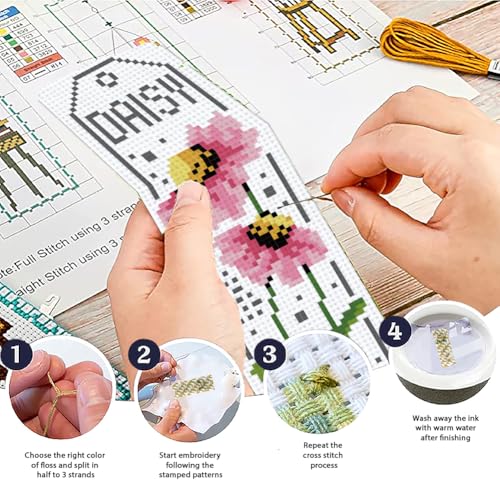 ACRNIGHEET 6PCS Cross Stitch Bookmark Kits for Beginner Flower Crossstitch Kits Adult Rose Daisy Lily Stamped Embroidery Bookmarks with Accessories for Adults Craft Gift 11CT - style: Floral patterns 2