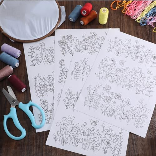 Water Soluble Embroidery Stabilizer, 4 Sheets Water Soluble Stabilizer for Embroidery Patterns Stick and Stitch Embroidery-Paper Designs Transfer Paper with Pre-Printed Flower Leave for Hand Sewing