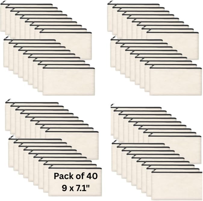 40pcs Blank canvas Zipper Pouch Makeup Bags Bulk, Smooth Zipper Pencil Case - color: Beige, size: 9x7.1