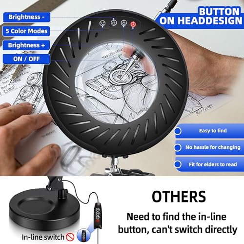 Akynite 12X Magnifying Glass with Light and Stand,5 Color 9 Levels Dimmable