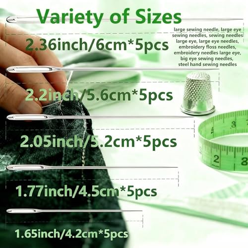 25 Pack Large Eye Needles for Hand Sewing & Embroidery – Big Eye Sewing Needles Assorted Sizes with 2 Needle Threaders, Sharp Steel Big Eye Embroidery Needles for Quilting and Crafts