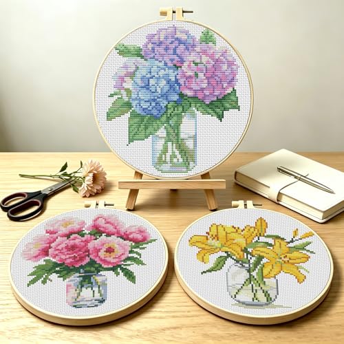 TCDZMYGS 3 Pack Stamped Cross Stitch Kits for Beginners-Flower,with Hoop - color: Flower-1