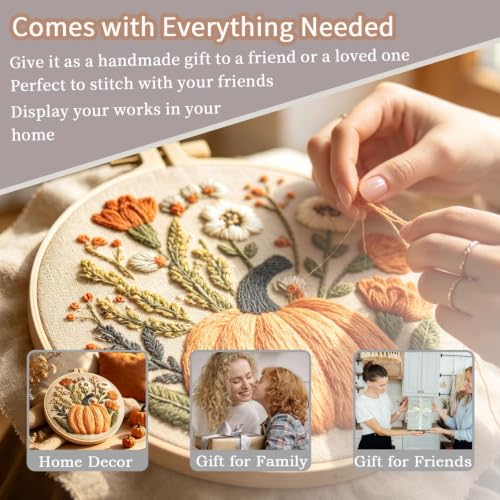 FONNUY Pumpkin Embroidery Kit for Beginners, Pre-Stamped Pattern Kits for Adults with Hoop, Easy to Follow Color Thread Needlework, 8'' Hoop (Flowers) - color: Flowers