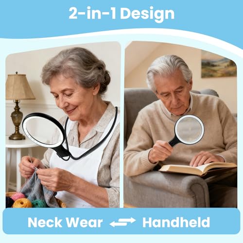 Hands-Free Neck Wear Magnifying Glass with Light - 3 Lighting Modes, Detachable 2-in-1 Neck & Handheld Magnifier,5X Main Lens + 10X Auxiliary Lens for Close Work, Reading Books, Sewing, Seniors