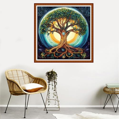 Redxing Counted Cross Stitch Kit for Beginners,Unprinted Needlepoint Kits for Beginners Cross Stitching Embroidery Kit 11CT Stitches kit-Magic Tree 18x18 inch - color: SetColor20