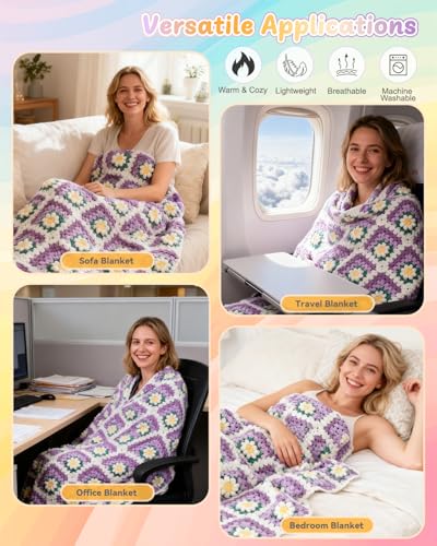 Coopay Crochet Blanket Kit for Beginners, Easy 3D Granny Square Blanket Kit - color: Purple- 3D Daisy
