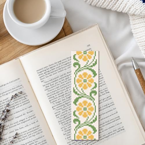 FREEBLOSS 6 Set Cross Stitch Bookmark Kits 11CT 8"x2.4" Flower and Leaves - style: Simple flower branches