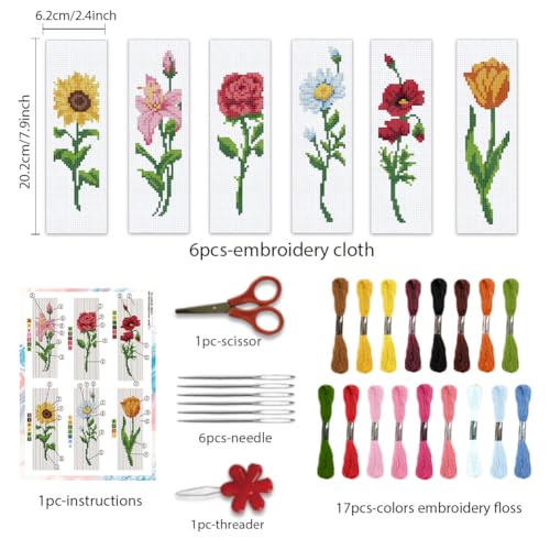 BEUNITONE 6 Pcs Flower Bookmark Cross Stitch Kits DIY Stamped Embroidery Bookmark Kit for Adults Beginner with Instructions Vivid Floral Cross Stitch Kits for DIY Crafts Book Lovers Gifts 2.4x8 in - style: Single Flower
