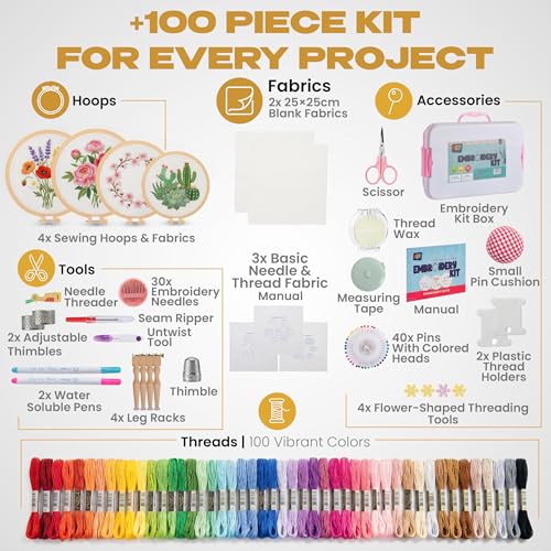 KEFF Craft Embroidery Kit for Beginners - 100 Embroidery Thread Colors, 4 Hoops, Scissors, Needles, Pins, Blank Fabrics & Tools – Cross Stitch Supplies, Cross Stitch Kits, Arts and Crafts for Adults