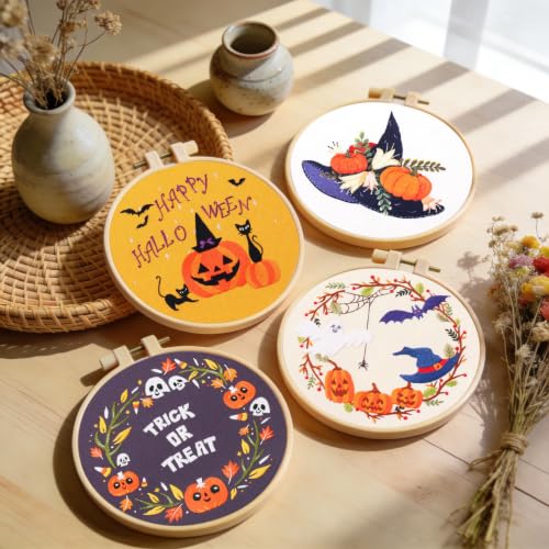 Santune 4-Pack Halloween Embroidery Kit Cross Stitch Kits for Beginners DIY Needlepoint Kit with 4 Embroidery Clothes Featuring Pumpkin Patterns,2 Hoops,Color Threads,Needles - color: Halloween Pumpkin
